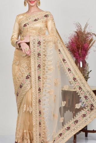 Beige Net Fancy Indian Wedding Saree