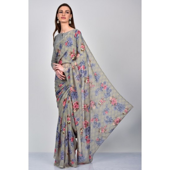 Grey Printed Casual Pakistani Saree