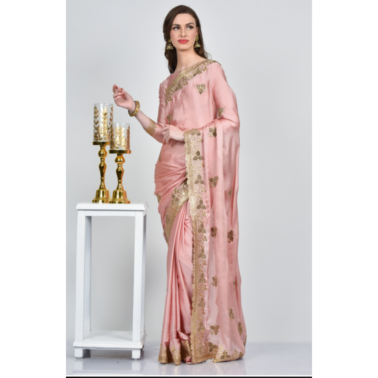 Pink Gold Satin Chiffon Party Wear Saree