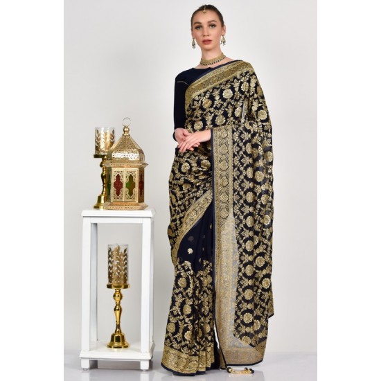 Navy Blue Embroidered Wedding Saree