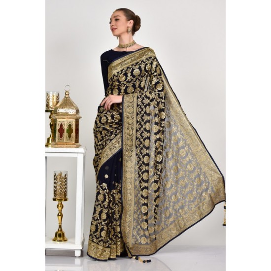 Navy Blue Embroidered Wedding Saree