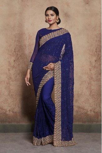 ZACS-603 NAVY BLUE THREAD WORK AND DIAMANTE EMBROIDERED INDIAN TRADITIONAL SAREE