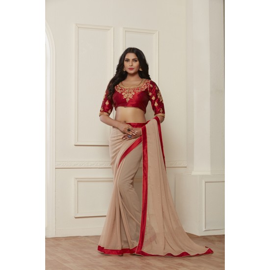 STUNNING NUDE SHADE SHIMMER BEIGE READY MADE SAREE