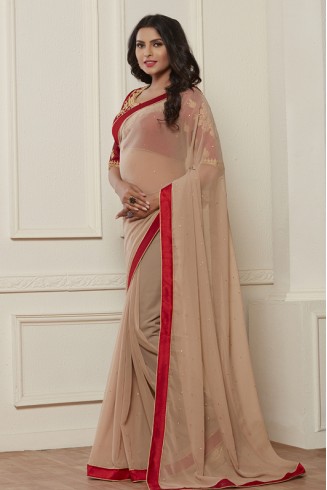 STUNNING NUDE SHADE SHIMMER BEIGE READY MADE SAREE