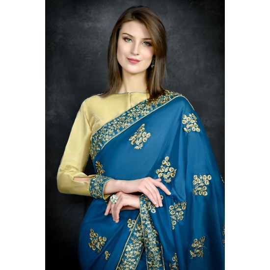 Mosaic Blue Traditional Embroidered Saree