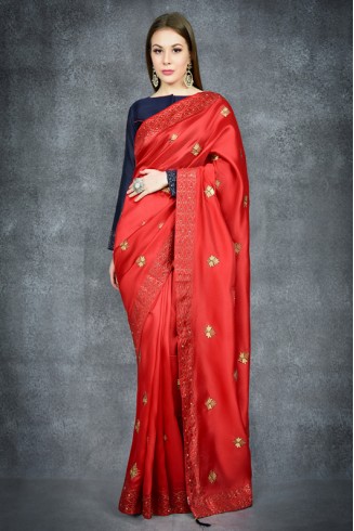 Flame Scarlet Red & Navy Blue Embroidered Ethnic Wear Saree