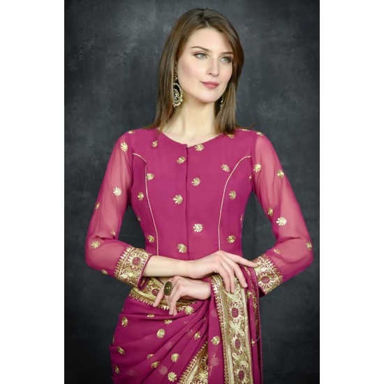 Magenta Purple Golden Embroidered Border Designer Saree