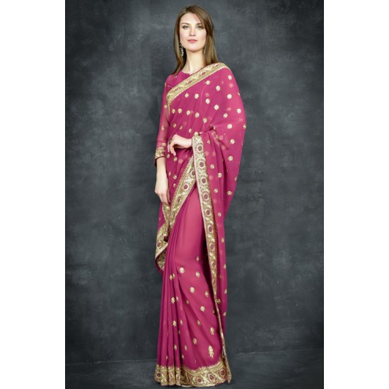 Magenta Purple Golden Embroidered Border Designer Saree