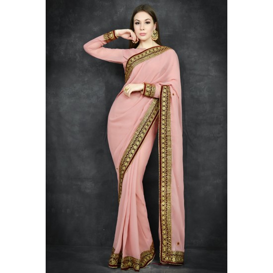 Rose Tan Border Embroidered Desi Party Wear Saree