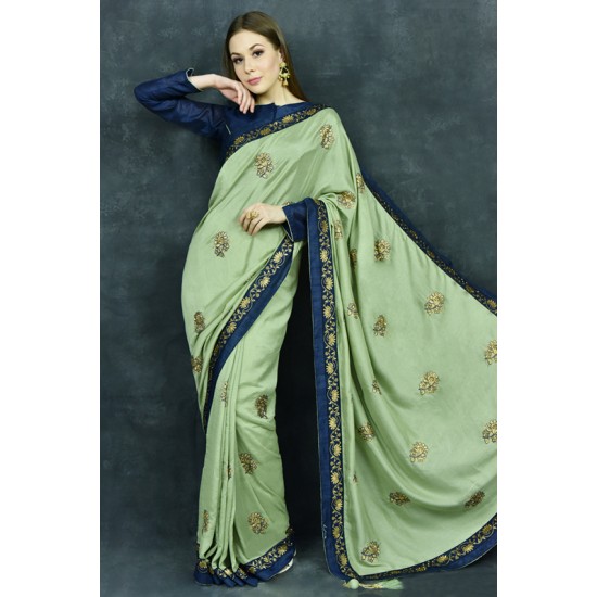 Pista Green & Navy Blue Designer Ethnic Saree