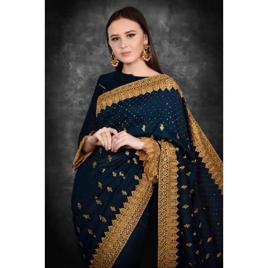 Peacock Blue & Gold Border Designer Party Wear Saree