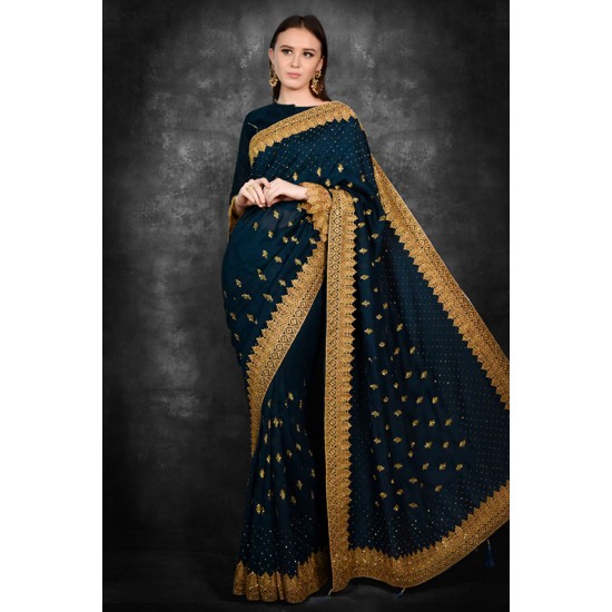Peacock Blue & Gold Border Designer Party Wear Saree