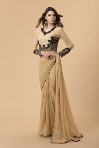 BEIGE GEORGETTE BLACK EMBROIDERED MEHNDI WEAR SAREE 