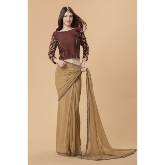 ZACS-709 BEIGE STYLISH SILK BLOUSE INDIAN EVENING WEAR SAREE