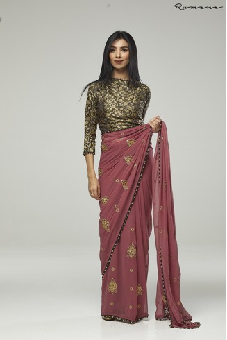 ROSE PINK DESIGNER SAREE WITH BLACK GOLD BROCADE BLOUSE