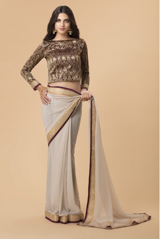 ZACS-719 SILVER GREY PARTY WEAR BROCADE BLOUSE SAREE