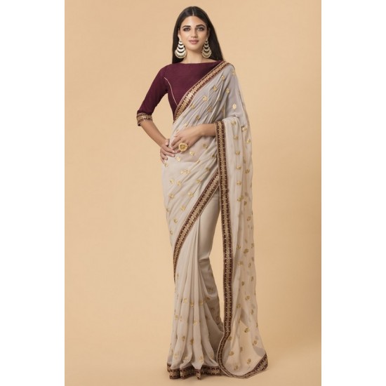 ZACS-51 BEIGE MAROON DESIGNER PARTY SARI