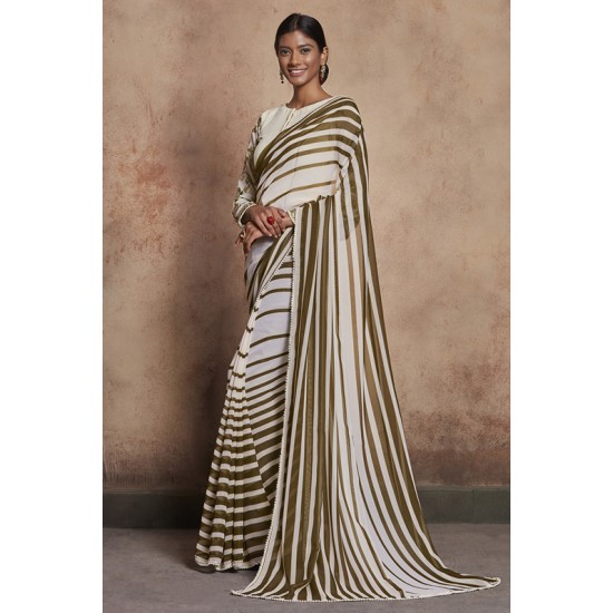 ZACS-725 CREAM AND MEHNDI INDIAN DESIGNER PARTY WEAR READY MADE SAREE