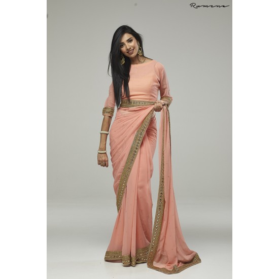 ZACS-734 PEACH PLAIN GEORGETTE READY MADE INDIAN SAREE