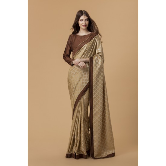 ZACS-726 BEIGE AND BROWN BANARSI SILK INDIAN WEDDING SAREE