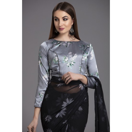 ZACS-561 BLACK AND GREY INDIAN FLORAL PRINTED EVENING WEAR SAREE