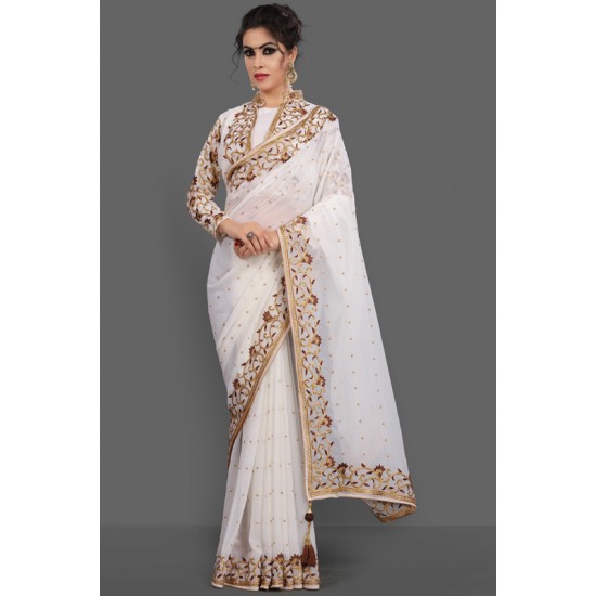 BRILLIANT WHITE NEW JACKET STYLE FESTIVE SAREE