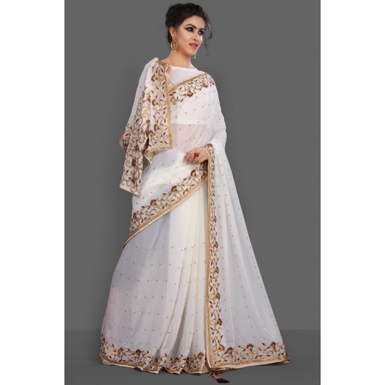 BRILLIANT WHITE NEW JACKET STYLE FESTIVE SAREE