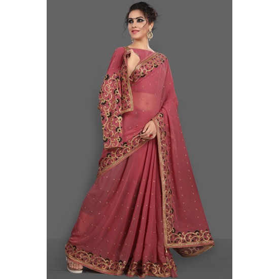 ROSE PINK JACKET STYLE DESIGNER WEDDING SAREE