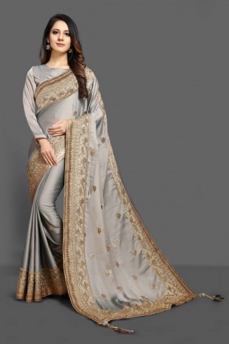 ASH GREY & GOLD INDIAN DESIGNER SAREE