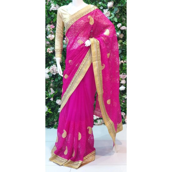 MAGENTA NET EMBROIDERED ETHNIC SAREE