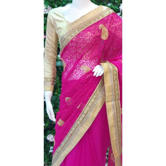 MAGENTA NET EMBROIDERED ETHNIC SAREE