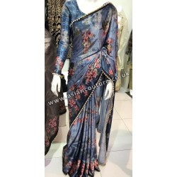BLUE FLORAL PRINTED SATIN SAREE BLUE FLORAL PRINTED SATIN SAREE