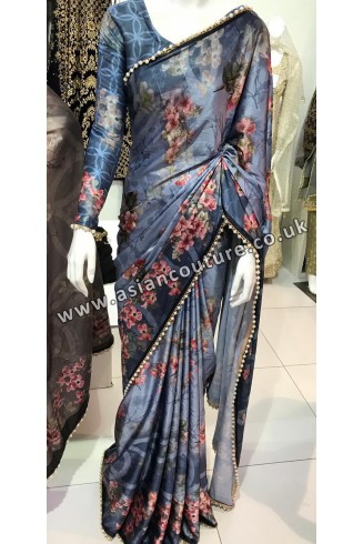 BLUE FLORAL PRINTED SATIN SAREE