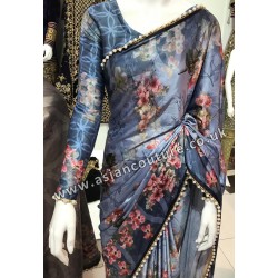 BLUE FLORAL PRINTED SATIN SAREE BLUE FLORAL PRINTED SATIN SAREE