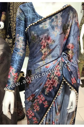 BLUE FLORAL PRINTED SATIN SAREE