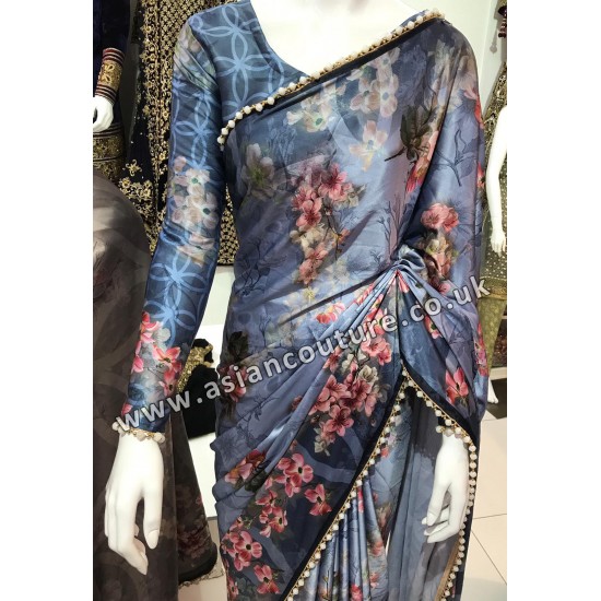 BLUE FLORAL PRINTED SATIN SAREE