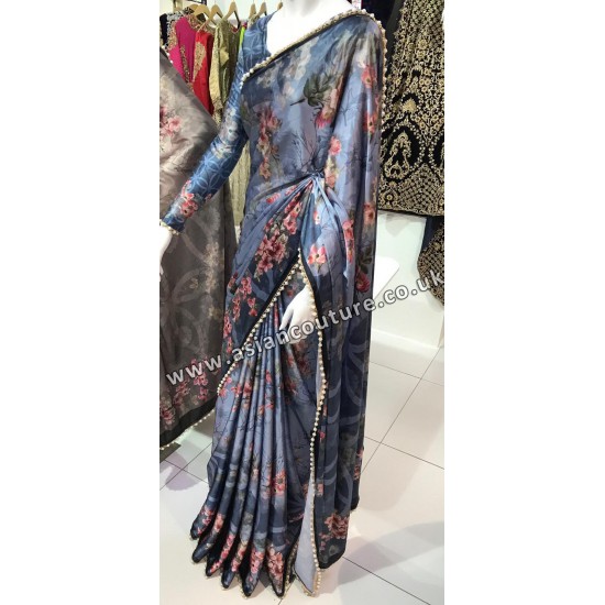 BLUE FLORAL PRINTED SATIN SAREE