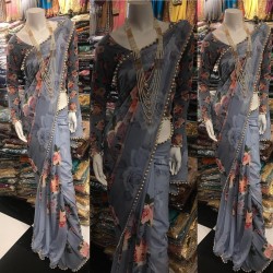 Grey 3D Floral Printed Saree Grey 3D Floral Printed Saree