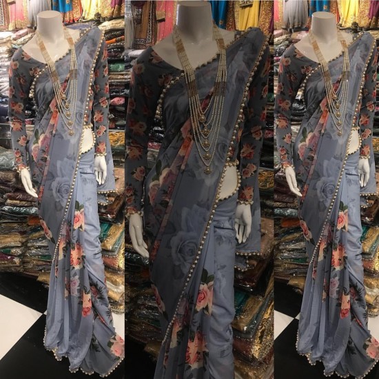 Grey 3D Floral Printed Saree