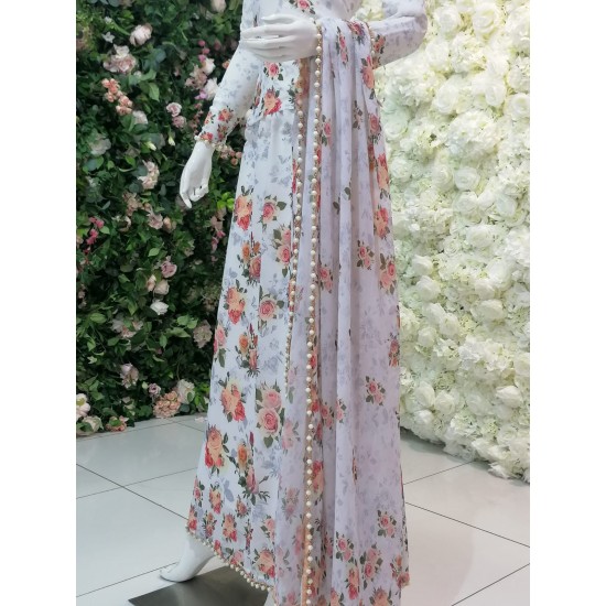 White Floral Printed Lehenga Style Saree