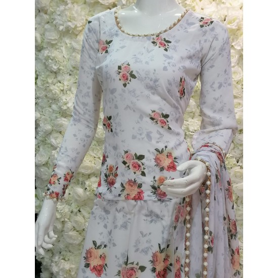 White Floral Printed Lehenga Style Saree