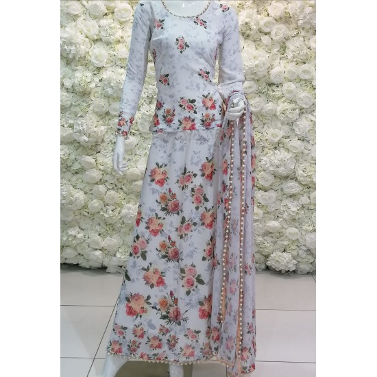 White Floral Printed Lehenga Style Saree