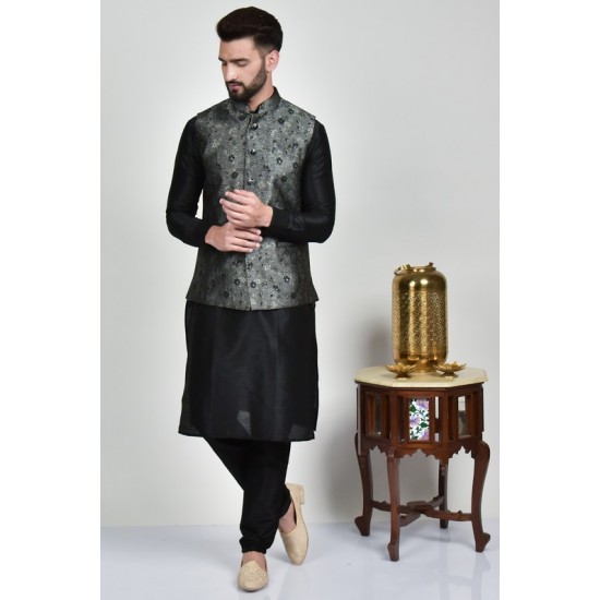 Grey Menswear Kurta Pajama Waistcoat Set