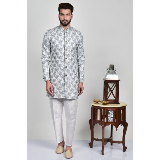 Grey Front Open Men Kurta & Pajama Designer Menswear