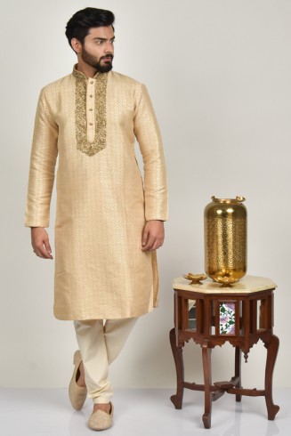 Men Cream Embroidered Kurta Shalwar