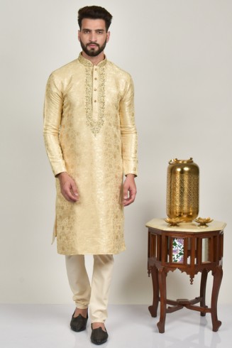 Cream Embroidered Men's Wedding Kurta Pajama