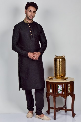 Black Embroidered Mens Kurta Pajama