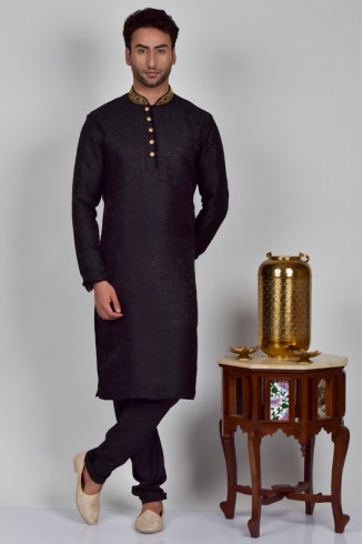 Black Embroidered Mens Kurta Pajama