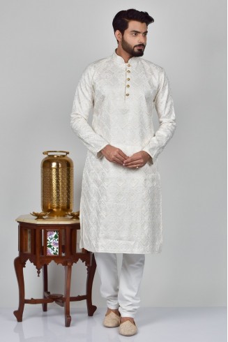 Off White Indian Designer Readymade Kurta Pajama For Men