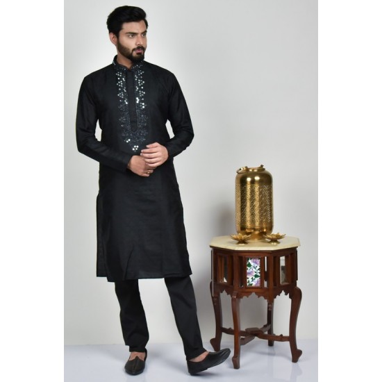Black Ethnic Embroidered Men's Kurta Pajama